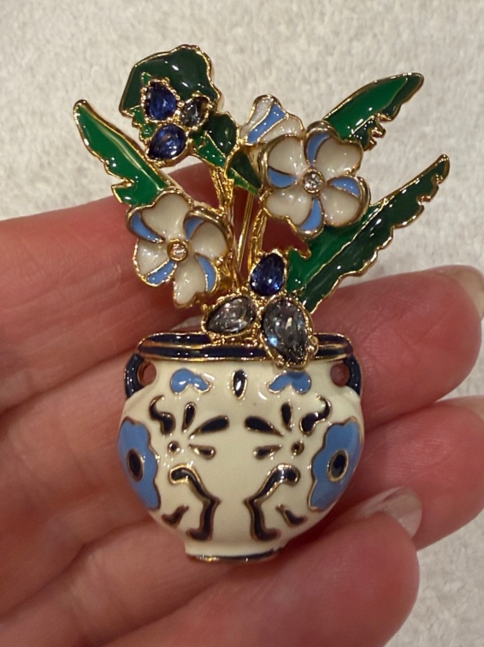 Talbots Gold-Tone Enamel Floral Vase Brooch in Cream, Blue, Green